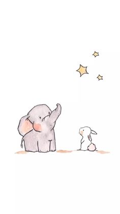 an elephant sitting next to a dog on the ground with stars in the sky above