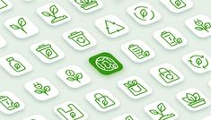 the icons are arranged in green and white on a light green background, including leaves