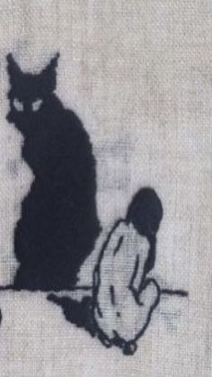 a black cat sitting on top of a white towel next to a person's shadow