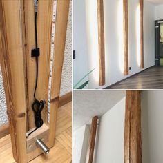 there are three different views of the inside of a house with wood trimmings