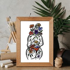 an art print of a woman with flowers in her hair