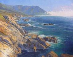 an oil painting of the ocean and rocky coastline