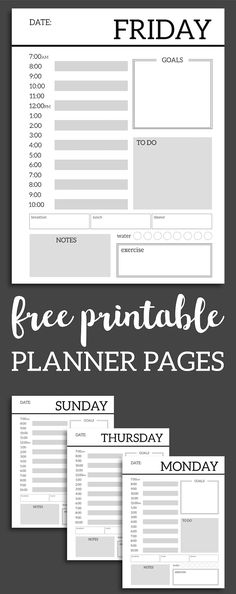 the free printable planner pages for monday and friday are shown in three different styles