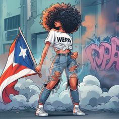 a woman holding an american flag in front of graffiti