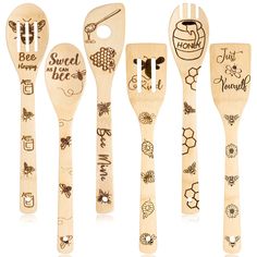 six wooden spoons with designs on them and the words bee happy written on them