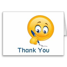 a thank card with an emoticive smiley face holding a pen