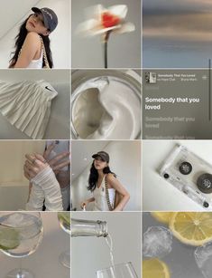 a collage of photos with lemons, wine glasses and other things in them