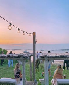 people are sitting on benches in the grass near water and boats at sunset, with string lights strung over them