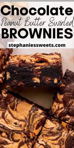 chocolate peanut butter swirl brownies stacked on top of each other with text overlay