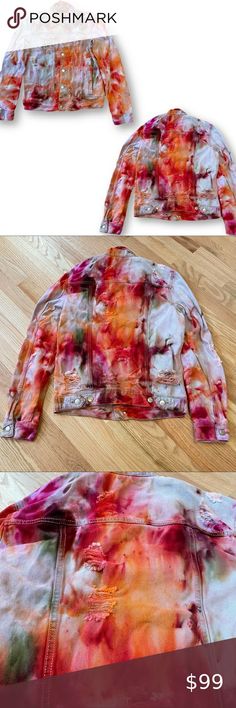 Amazing tie dye distressed jean jacket fall color red orange brown pink unisex S Woodstock Hippies, Dye Denim, Distressed Jean Jacket, Fall Color, Boho Festival, Fall Jackets, Orange Brown, Handmade Artisan