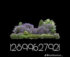 a black background with white numbers and purple flowers in the foreground is an image of trees, shrubs, and bushes