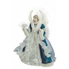 an angel figurine with white wings and blue dress on it's body