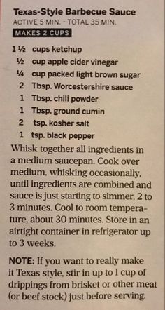 the recipe for texas style barbecue sauce is shown in an article about how to make it