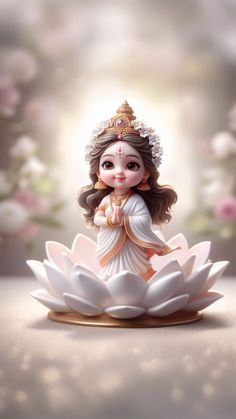 the little statue is sitting on top of a white flowered lotus with pink flowers in the background