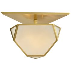 a ceiling light that has a white shade on the top and gold trim around it