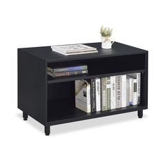 a book shelf with books and a potted plant on top