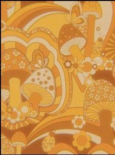 an orange and yellow wallpaper with flowers and mushrooms