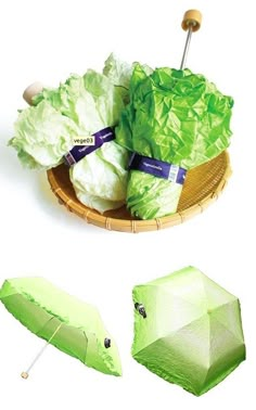 lettuce on a plate with an umbrella and other items in the basket around it