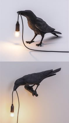 two different angles of a lamp with a bird on it's head and the light turned on