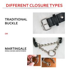 the instructions for different types of leather and metal buckles are shown in this manual