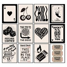 several different types of cards with words and pictures on them, all in black and white