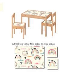 children's wooden table and chair with rainbows on the back, matching wallpaper