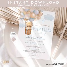 Baptismal Invitation For Boys, Bear Hot Air Balloon, Blue Boy, Some Text, Change Text, Editable Invitations