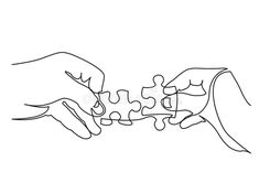 one line drawing of two hands holding a piece of jigsaw puzzle on white background