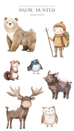 an illustrated book with animals and people in the snow, on top of each other