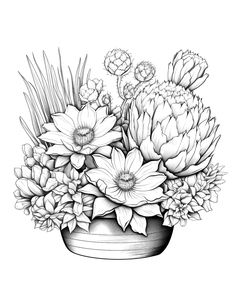 a black and white drawing of flowers in a vase