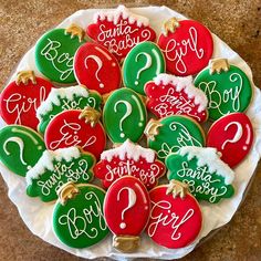 decorated christmas cookies on a plate with question marks