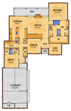 the first floor plan for a home with three bedroom and two bathrooms, an open living area