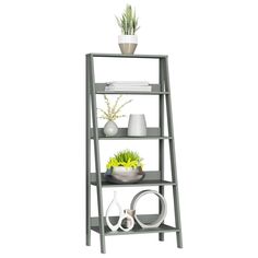 a shelf with plants and vases on top of it, against a white background