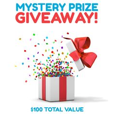 a red and white gift box with confetti coming out of it that says, mystery prize giveaway $ 100 total value