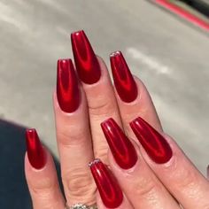 Greige Nails, Red Sparkle Nails, Red Chrome Nails, Red Chrome, Squoval Nails, Red Acrylic Nails, Red Nail, Sparkle Nails, Instagram Nails