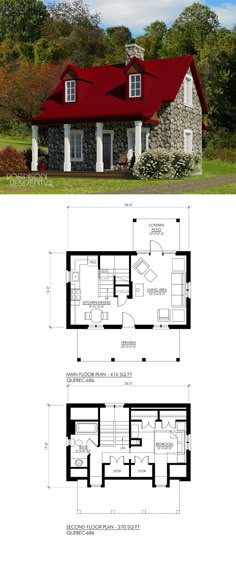 two story house plans with red roof and white trimmings on the front, side and