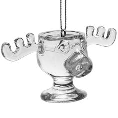 an ornament shaped like a glass cup with a moose's head hanging from it