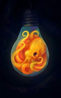 an orange octopus in a light bulb on a black background with the words, squid inside it