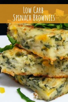 low carb spinach brownies stacked on top of each other with text overlay