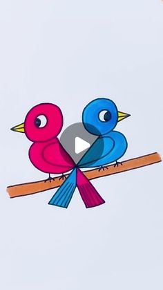 two colorful birds sitting on top of a tree branch with an arrow in its beak