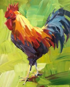 a painting of a rooster on a green background