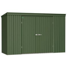 a green metal storage shed with two doors and one door open on the outside side