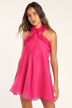 Get ready to make a striking entrance like no other in the Lulus Perfect Stunner Hot Pink Organza Ruffled Halter Mini Dress! Breezy, lightweight woven organza shapes this iconic dress with a ruffled halter neckline atop a sleeveless bodice. The trapeze silhouette and open back creates a fun and flirty vibe, perfect for dancing the night away in! Hidden back zipper/clasp. Fit: This garment fits true to size. Length: Mid-thigh. Size medium measures 34" from top to bottom. Bust: Great for any cup s Hot Pink Mini Dress, Loose Mini Dress, Mini Dress Hot, Summer Wedding Outfits, New Years Eve Dresses, Iconic Dresses, Eve Dresses, Summer Wedding Dress, Halter Mini Dress