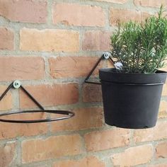 two potted plants hanging from hooks on a brick wall next to a planter