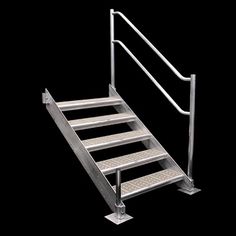 a set of stairs with steps on each side and rails down to the bottom, against a black background