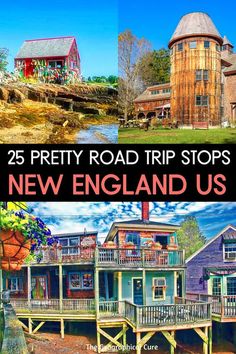 two different pictures with the words, 25 pretty road trip stops in new england us