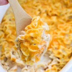 a spoon full of macaroni and cheese being lifted from a casserole dish