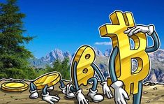 the bitcoin sign is surrounded by small white figures and trees, with mountains in the background