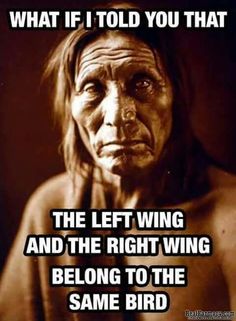 a sign that says, what if i told you that the left wing and the right wing belong to the same bird