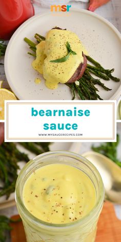 this is an image of bearnaise sauce with asparagus on the side